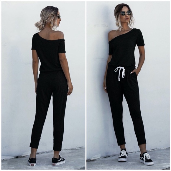 Boho off shoulder waist tie jumpsuit charcoal - Picture 6 of 6